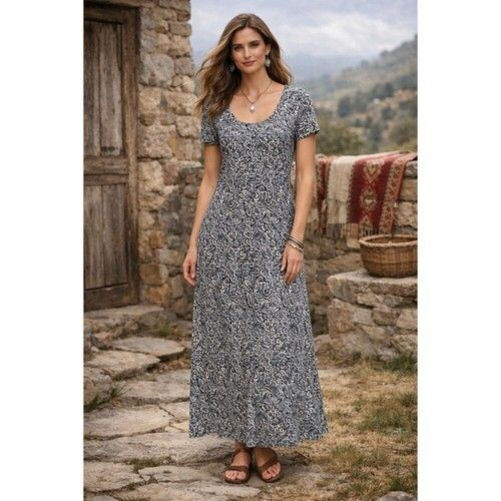 Peruvian Connection Sz M Gray Paisley Cotton Knit Maxi Dress Peru Sleeves Pocket
